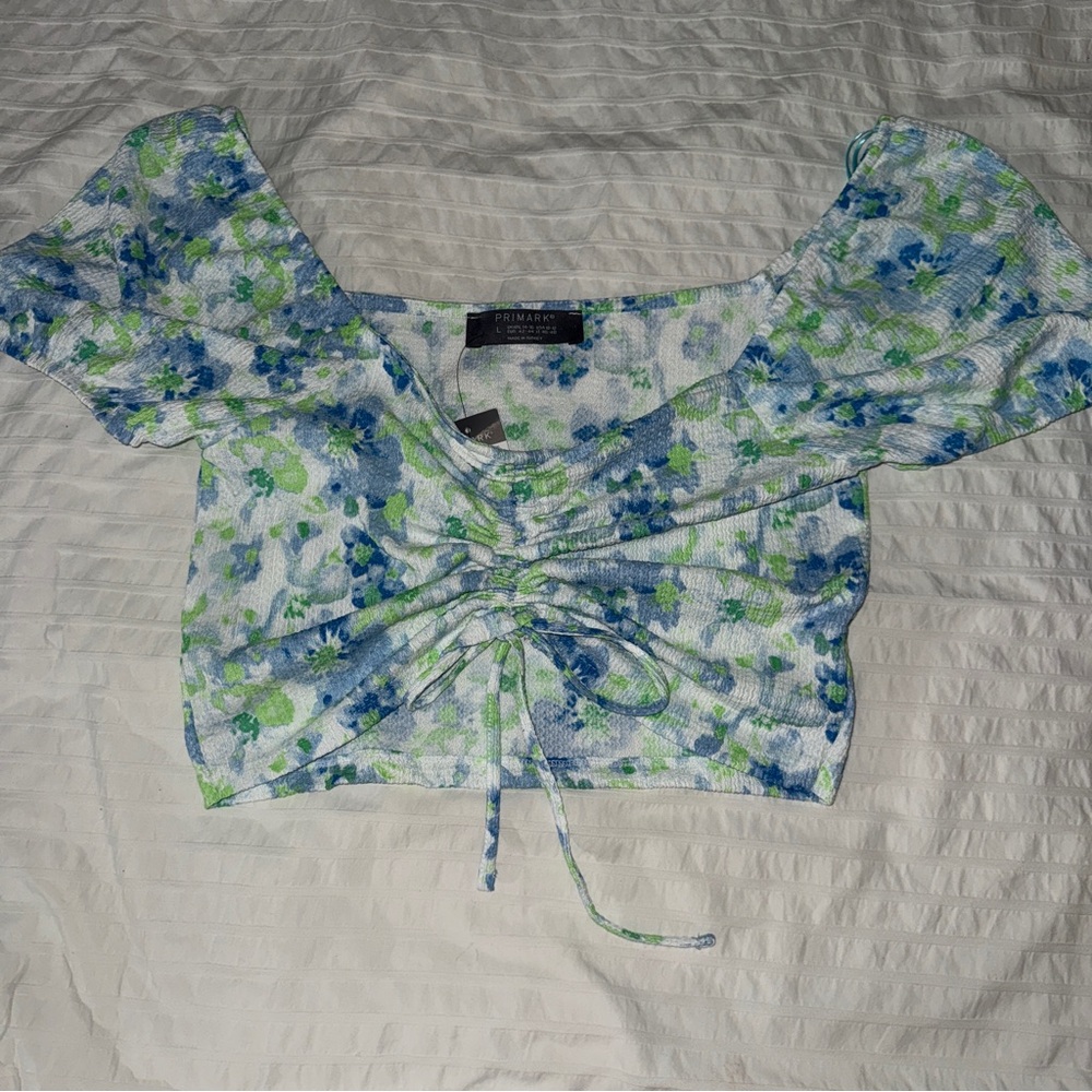 Primark Blue and Green Puff Sleeve Crop Top